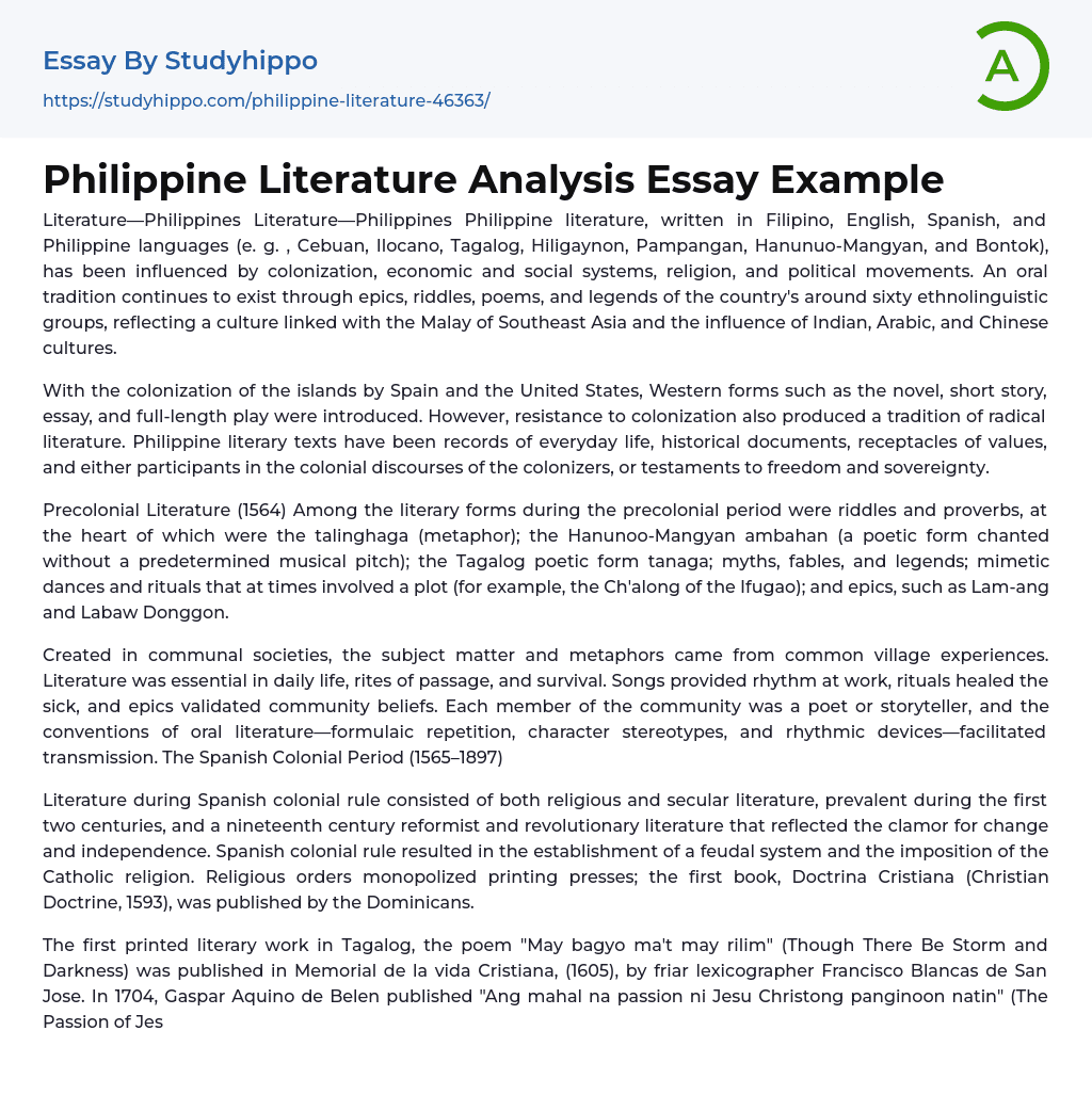 Philippine Literature Analysis Essay Example