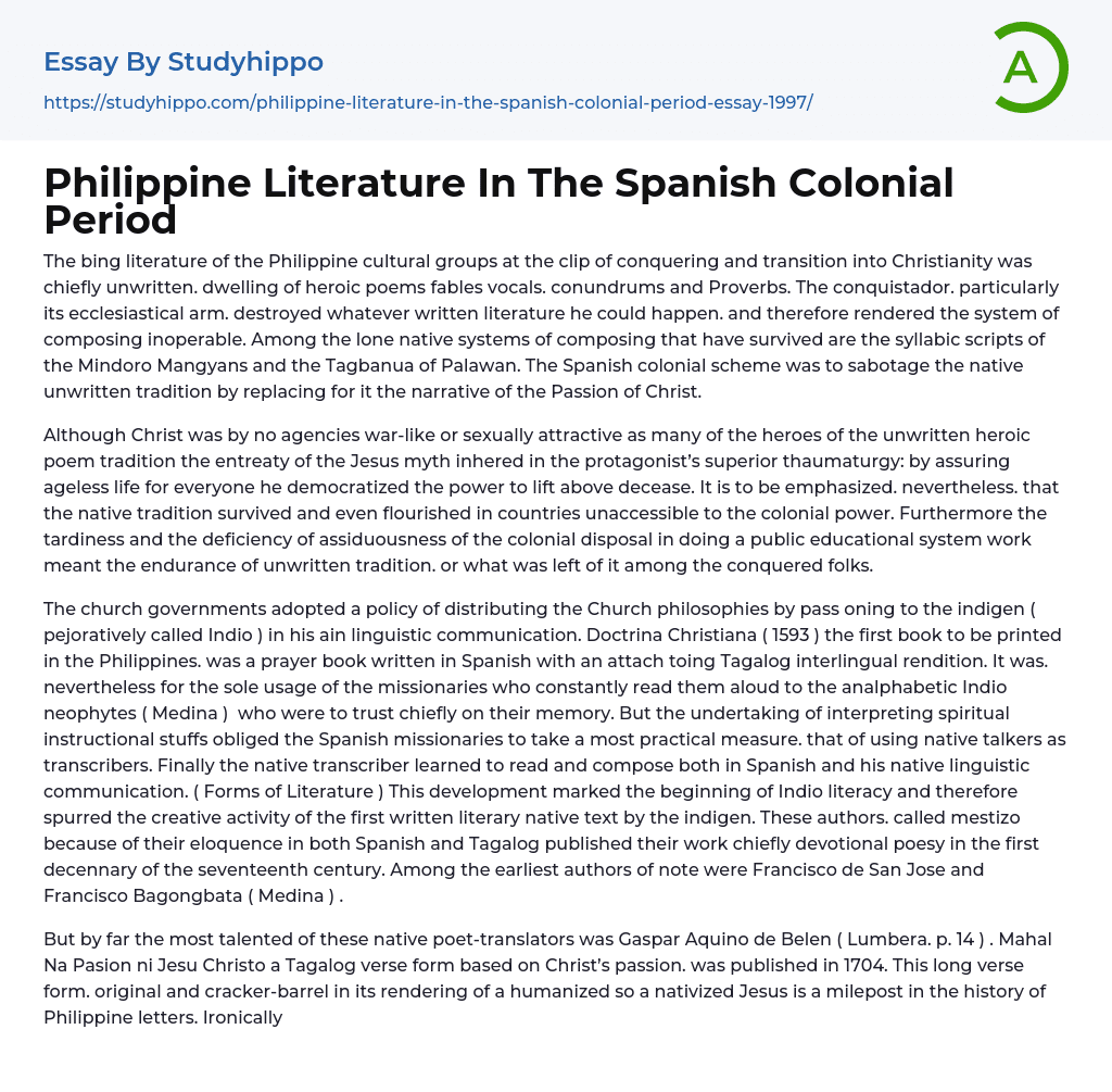 Philippine Literature In The Spanish Colonial Period Essay Example