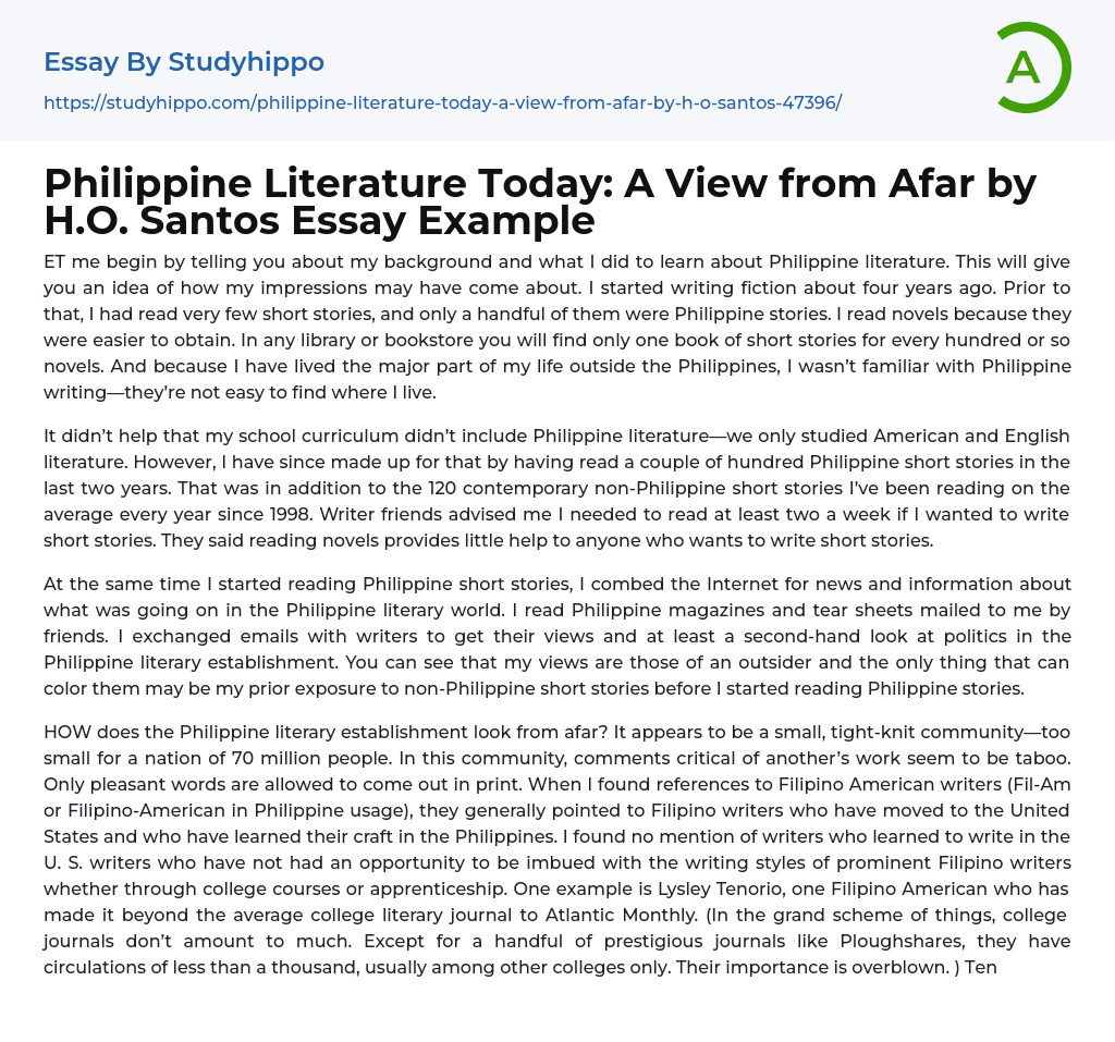Philippine Literature Today: A View from Afar by H.O. Santos Essay Example