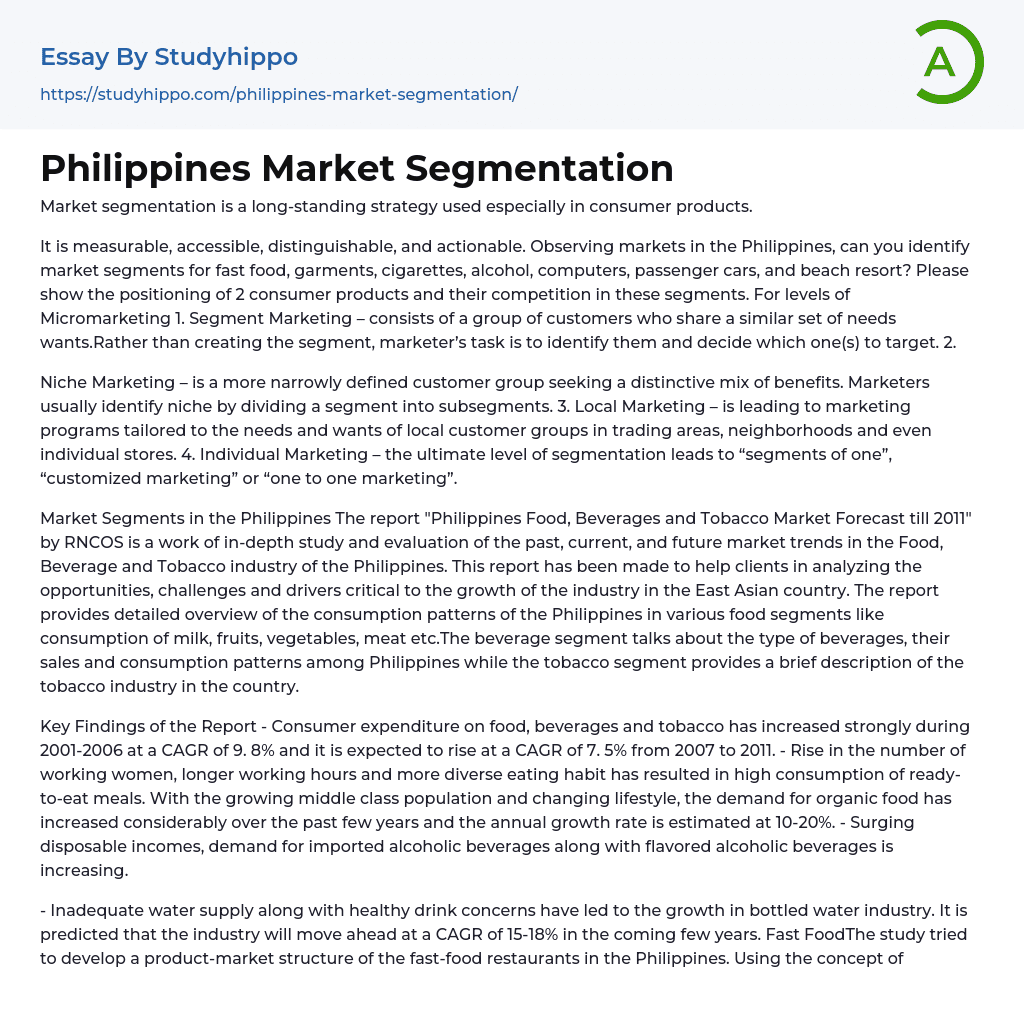 Philippines Market Segmentation Essay Example