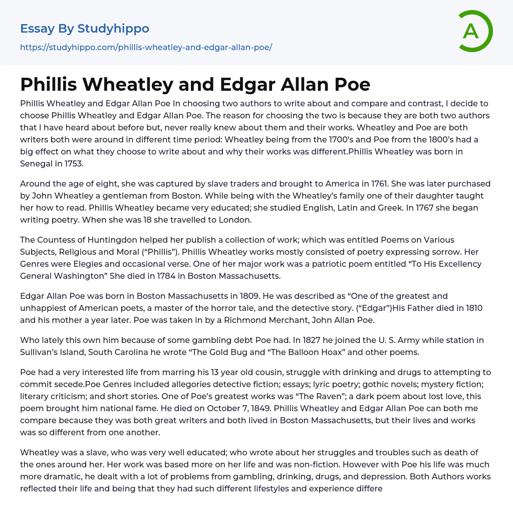 Phillis Wheatley and Edgar Allan Poe Essay Example