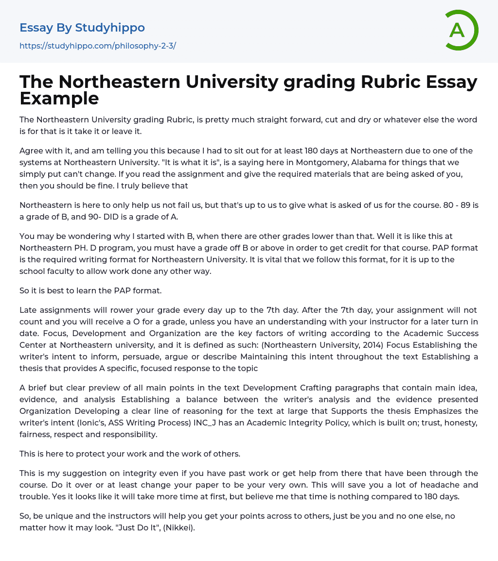 The Northeastern University grading Rubric Essay Example