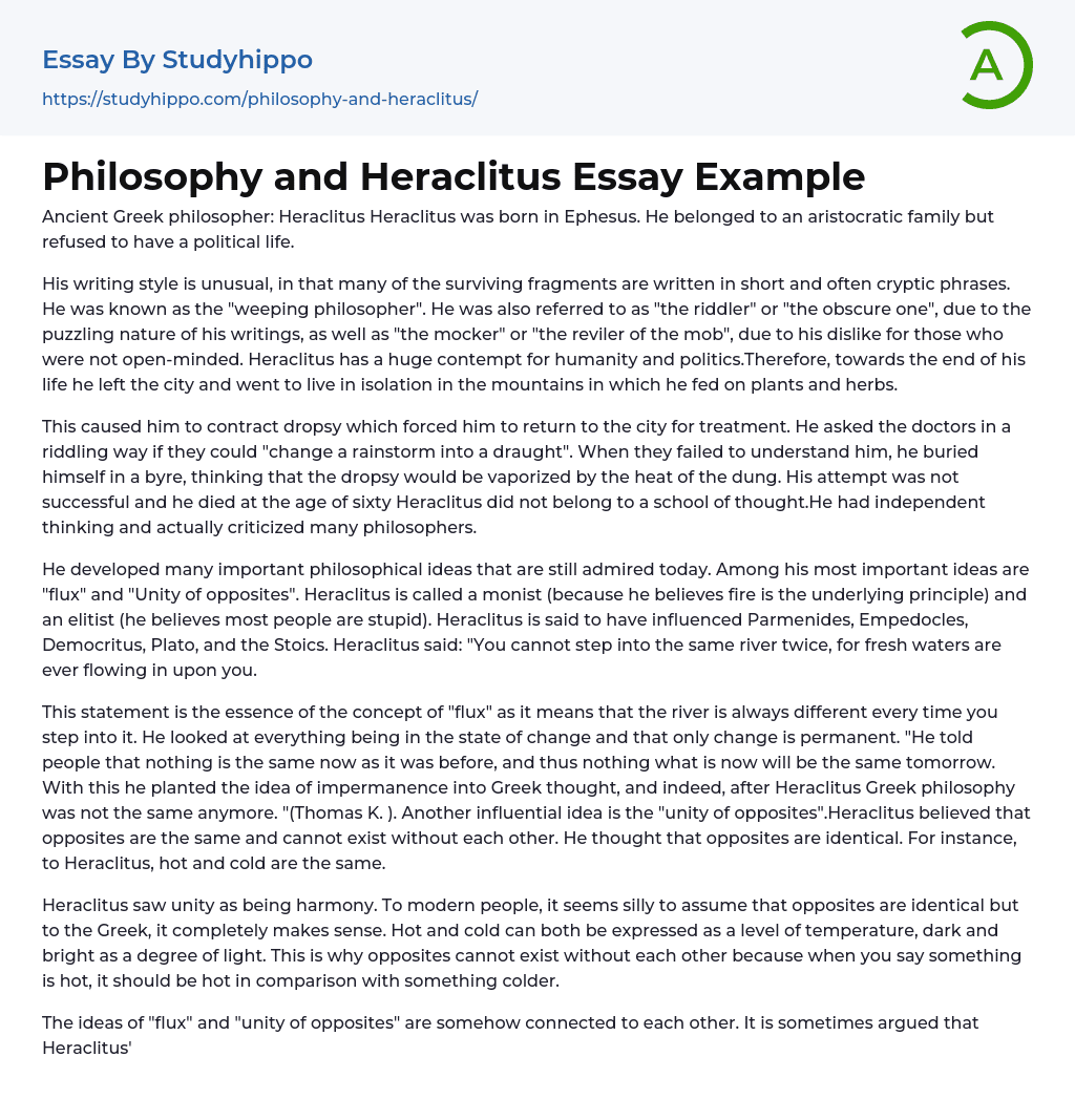 Philosophy and Heraclitus Essay Example