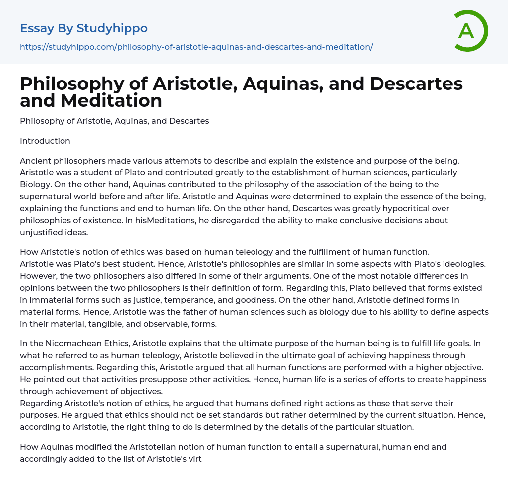 Philosophy of Aristotle, Aquinas, and Descartes and Meditation Essay Example