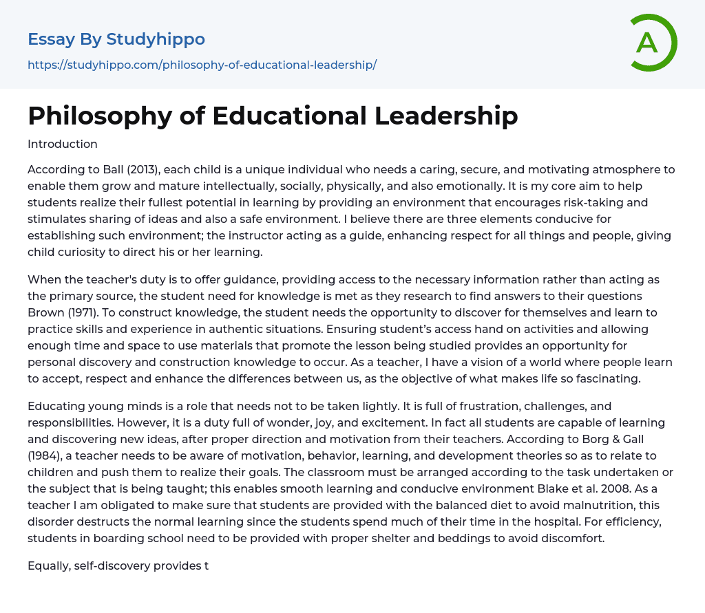 Philosophy of Educational Leadership Essay Example