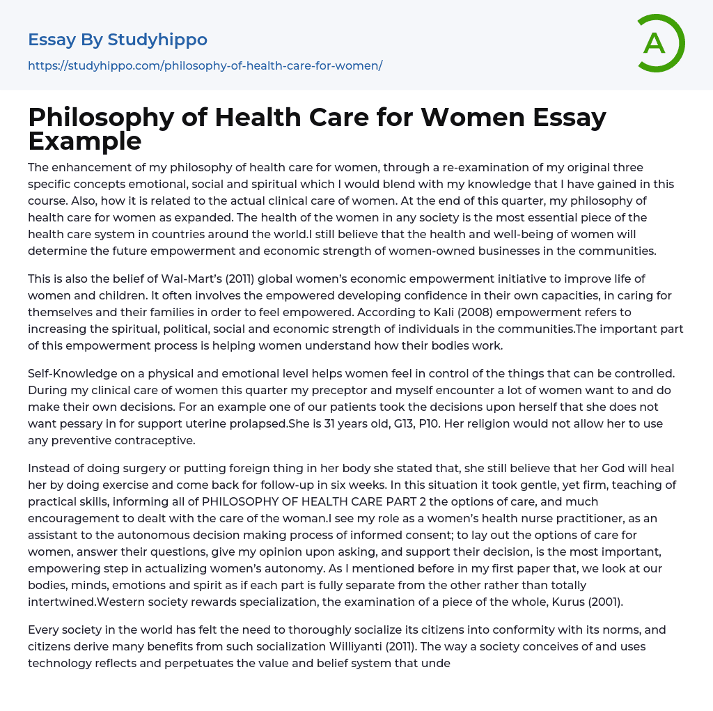 Philosophy of Health Care for Women Essay Example