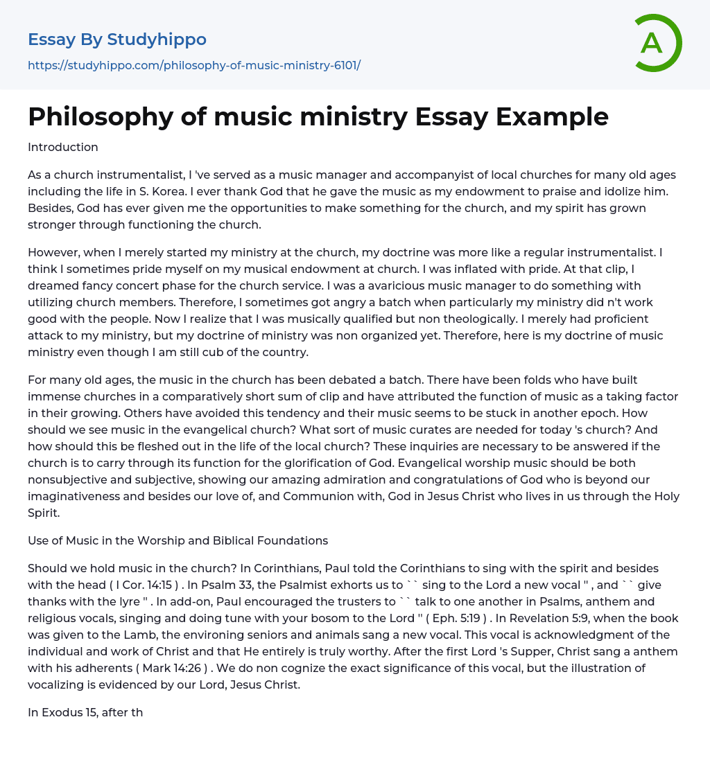 Philosophy of music ministry Essay Example