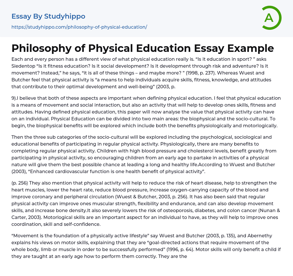Philosophy of Physical Education Essay Example
