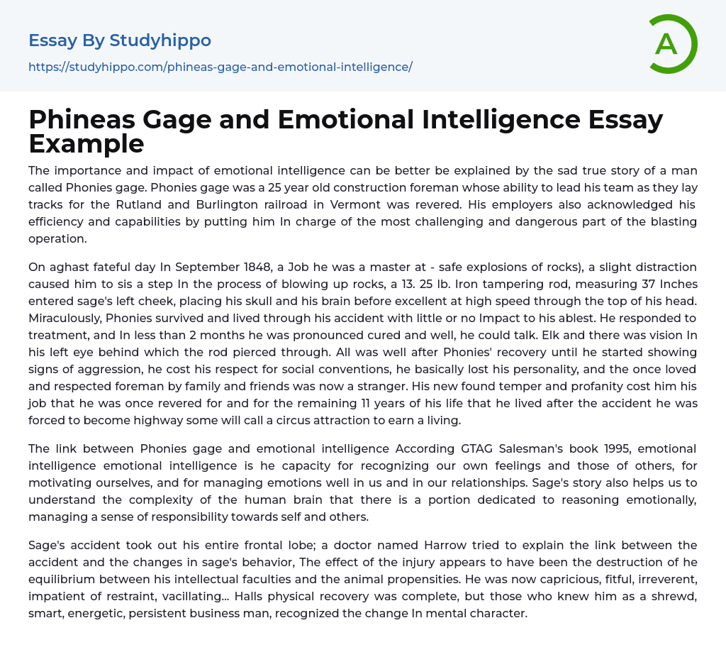 Phineas Gage and Emotional Intelligence Essay Example