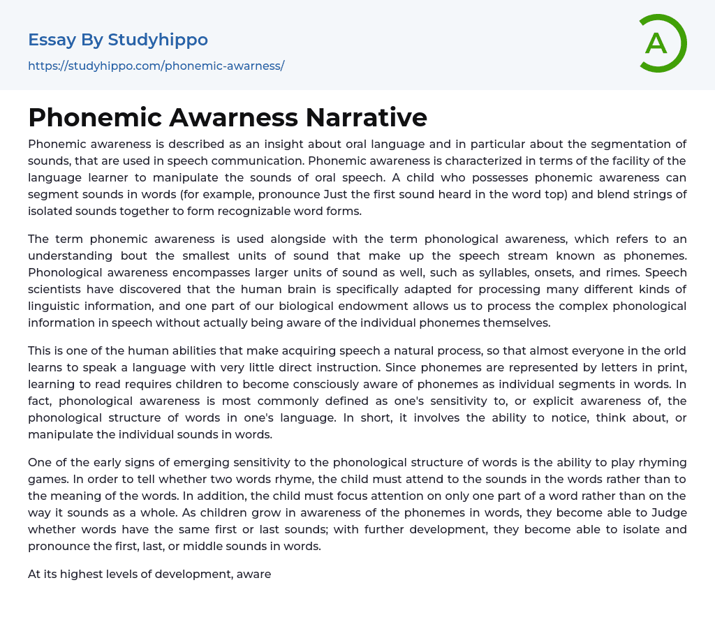 Phonemic Awarness Narrative Essay Example