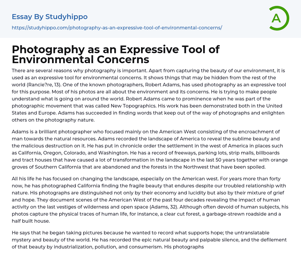 Photography as an Expressive Tool of Environmental Concerns Essay Example