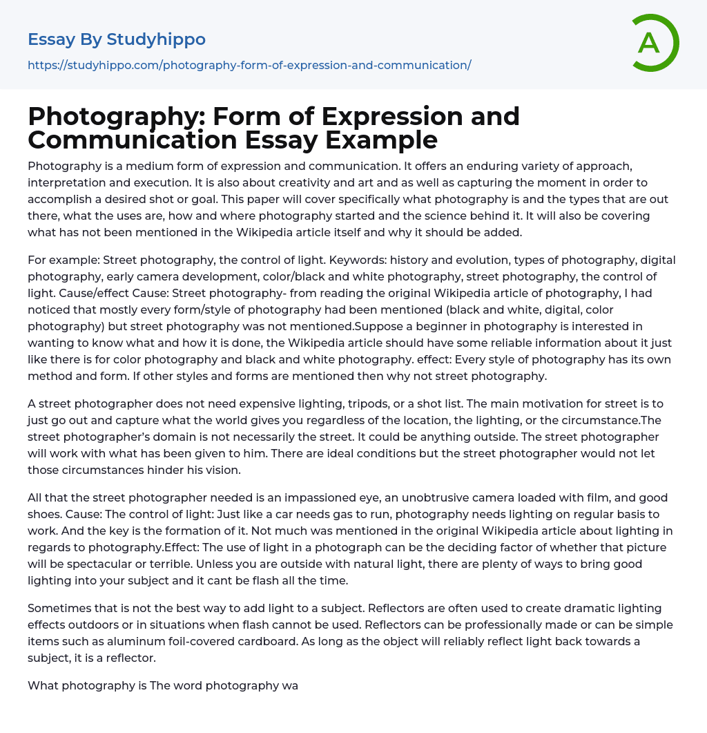 Photography: Form of Expression and Communication Essay Example
