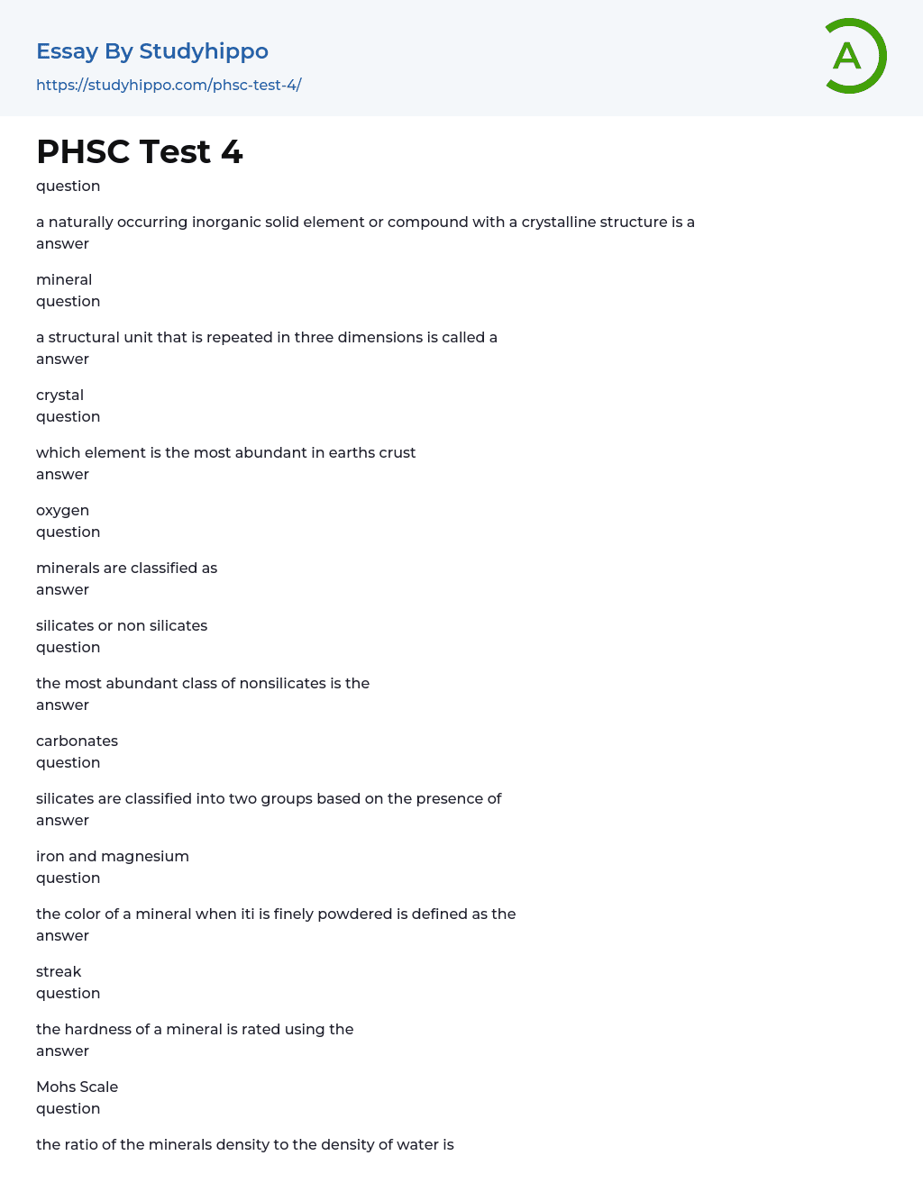 PHSC Test 4 Essay Example