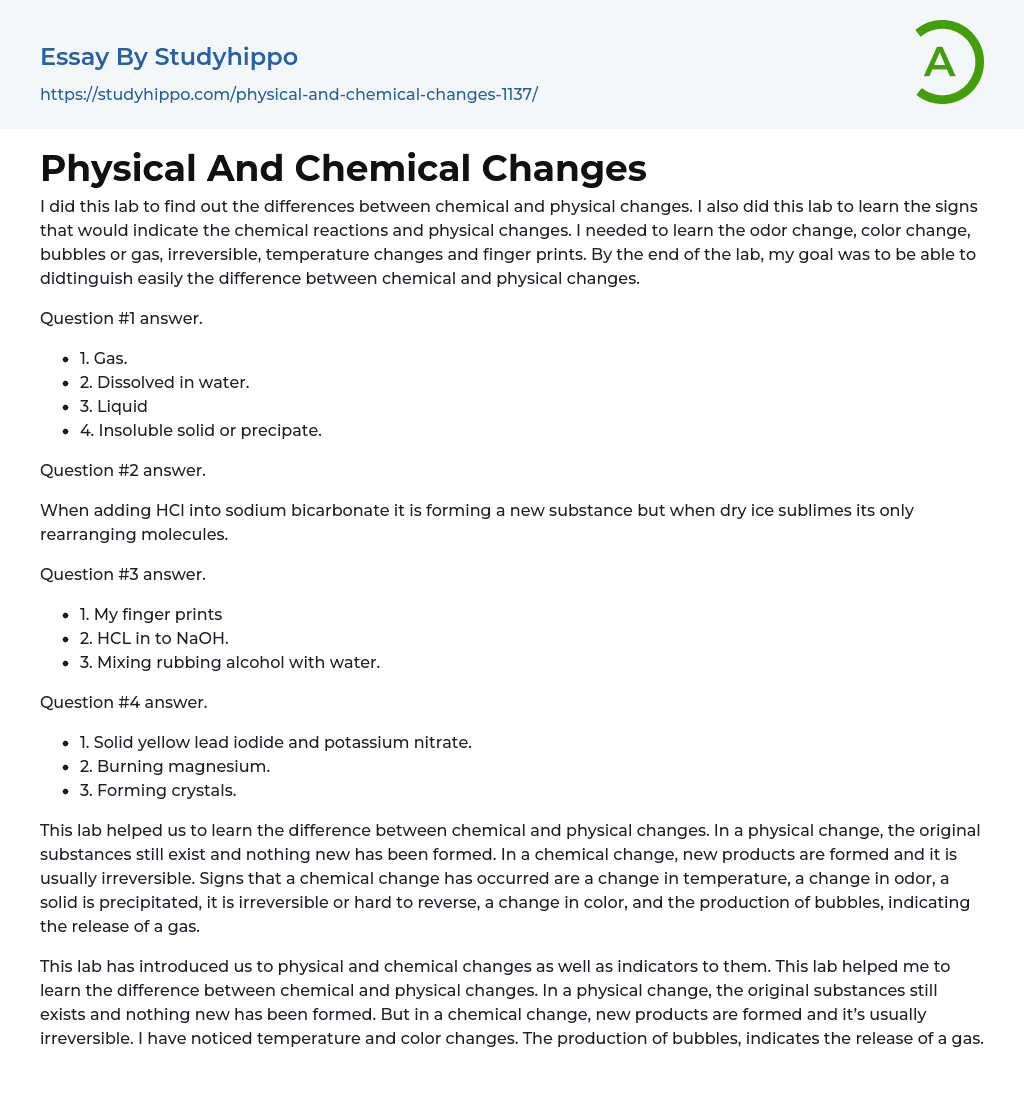 Physical And Chemical Changes Essay Example