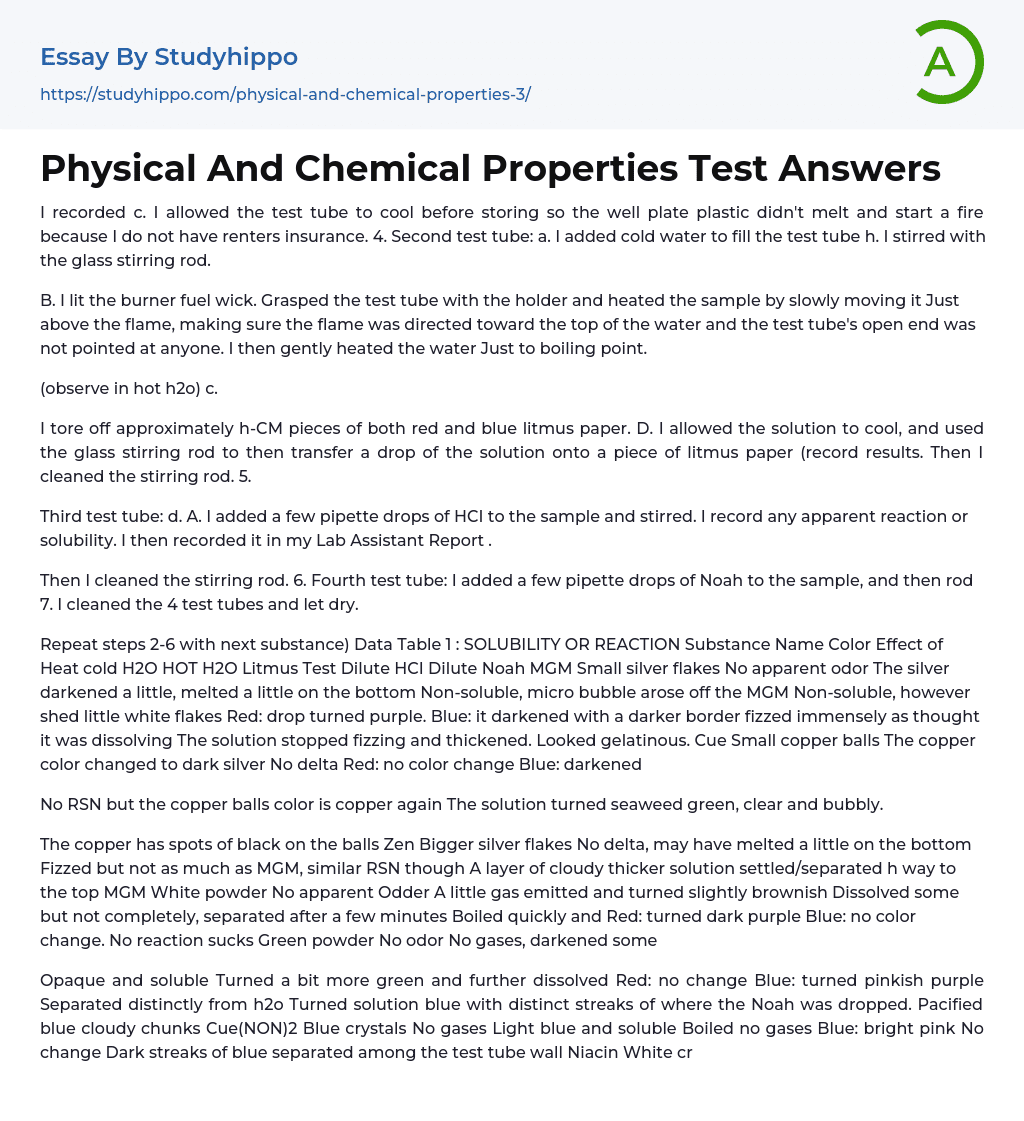 Physical And Chemical Properties Test Answers Essay Example