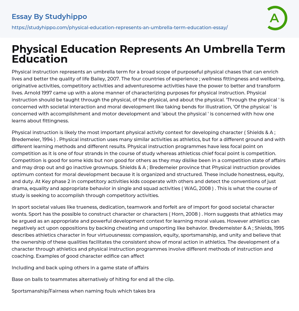 Physical Education Represents An Umbrella Term Education Essay Example