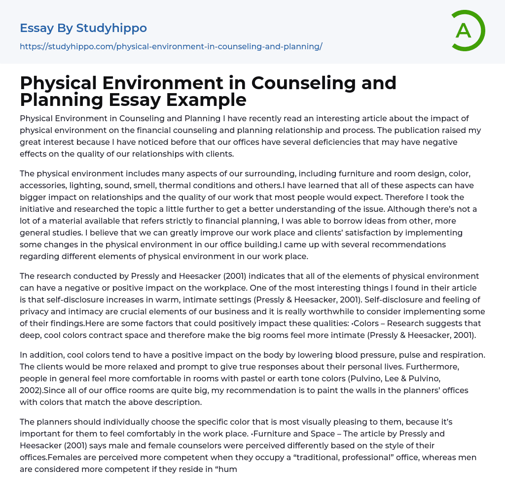 Physical Environment in Counseling and Planning Essay Example