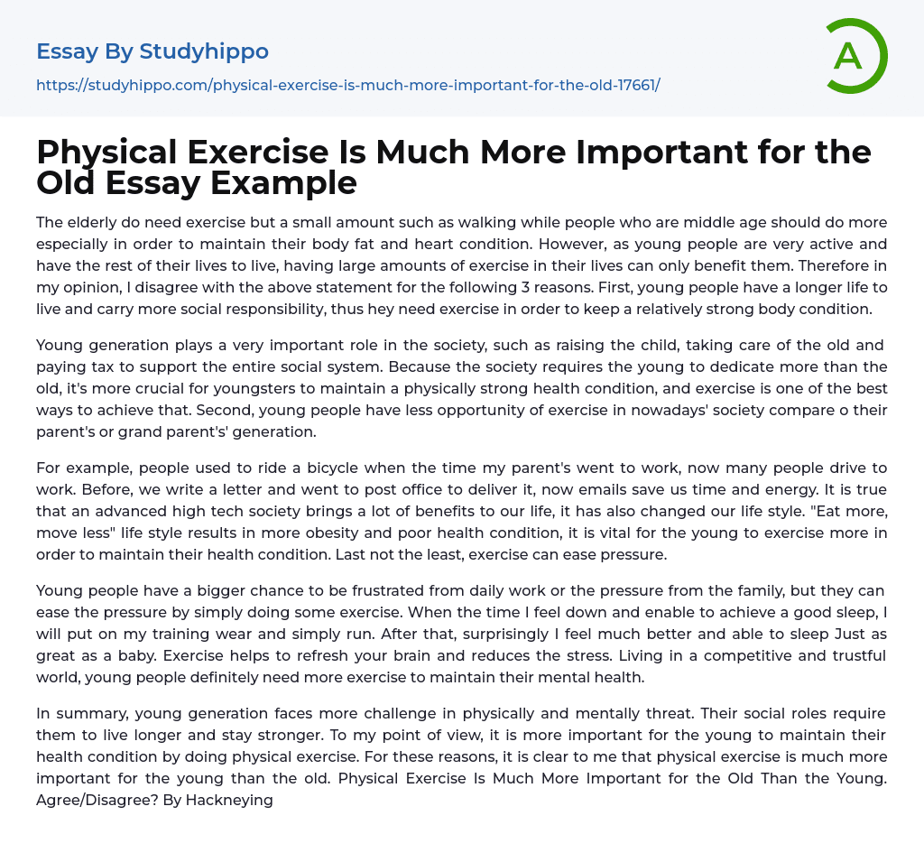 Physical Exercise Is Much More Important for the Old Essay Example