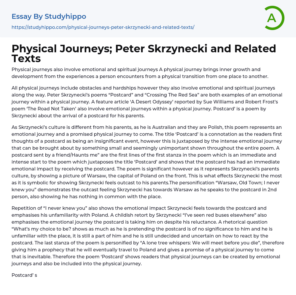 Physical Journeys; Peter Skrzynecki and Related Texts Essay Example