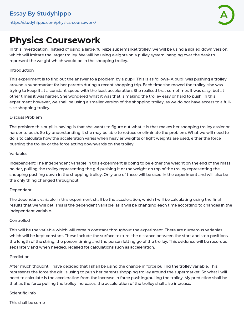 physics coursework example