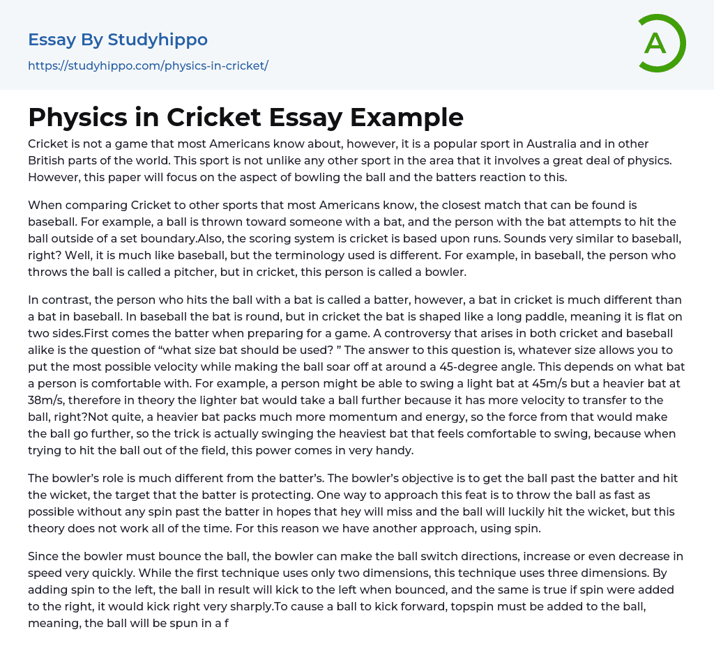 Physics in Cricket Essay Example