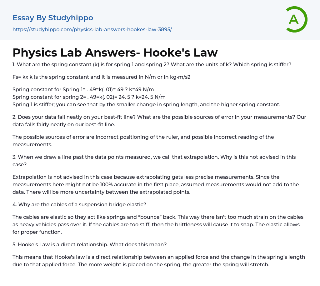 Physics Lab Answers- Hooke’s Law Essay Example
