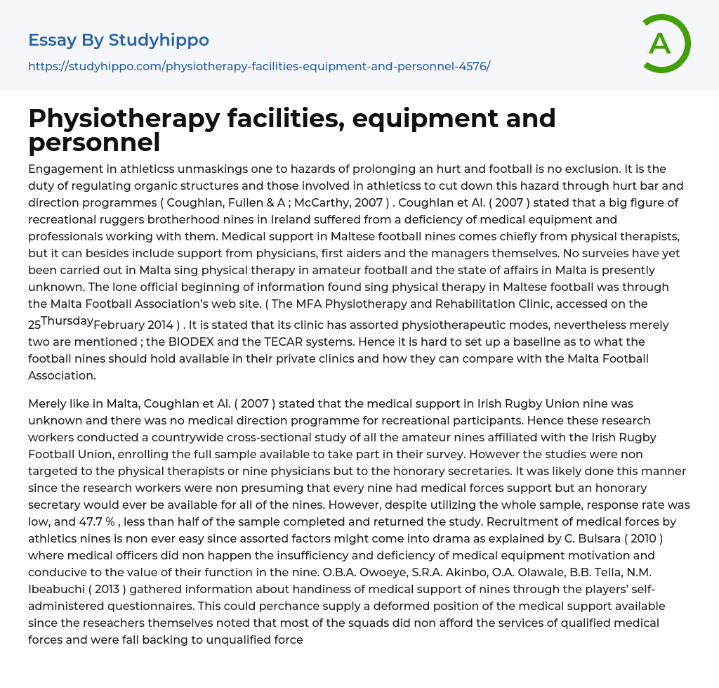 Physiotherapy facilities, equipment and personnel Essay Example