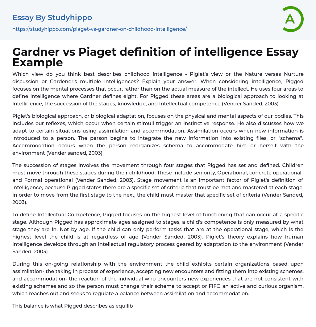 Gardner vs Piaget definition of intelligence Essay Example