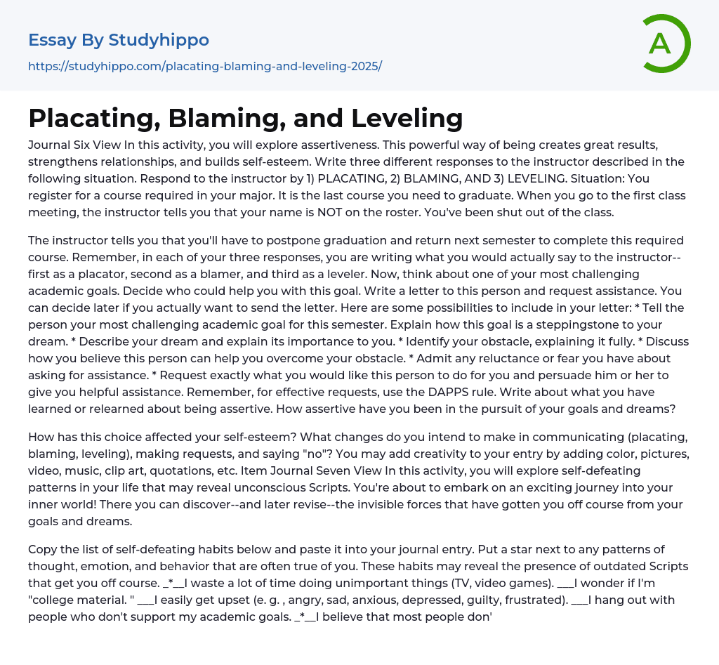 Placating, Blaming, and Leveling Essay Example