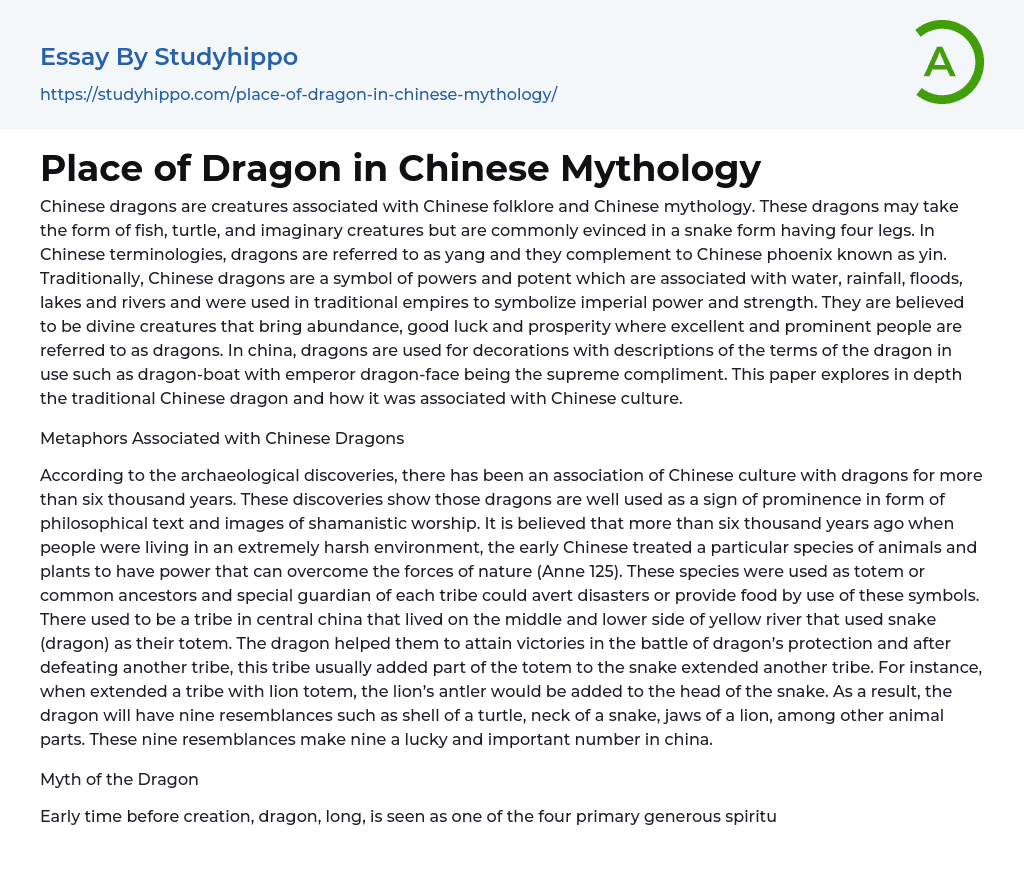 Place of Dragon in Chinese Mythology Essay Example