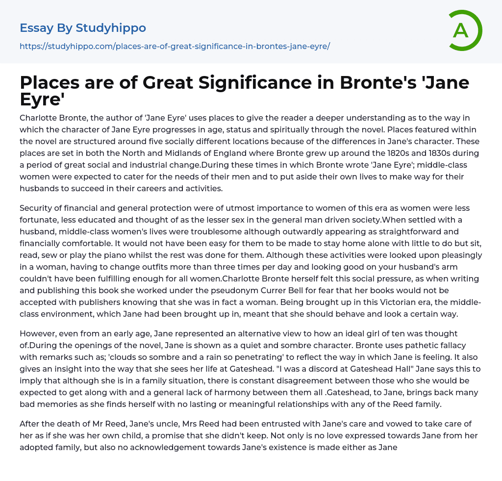 Places are of Great Significance in Bronte’s ‘Jane Eyre’ Essay Example
