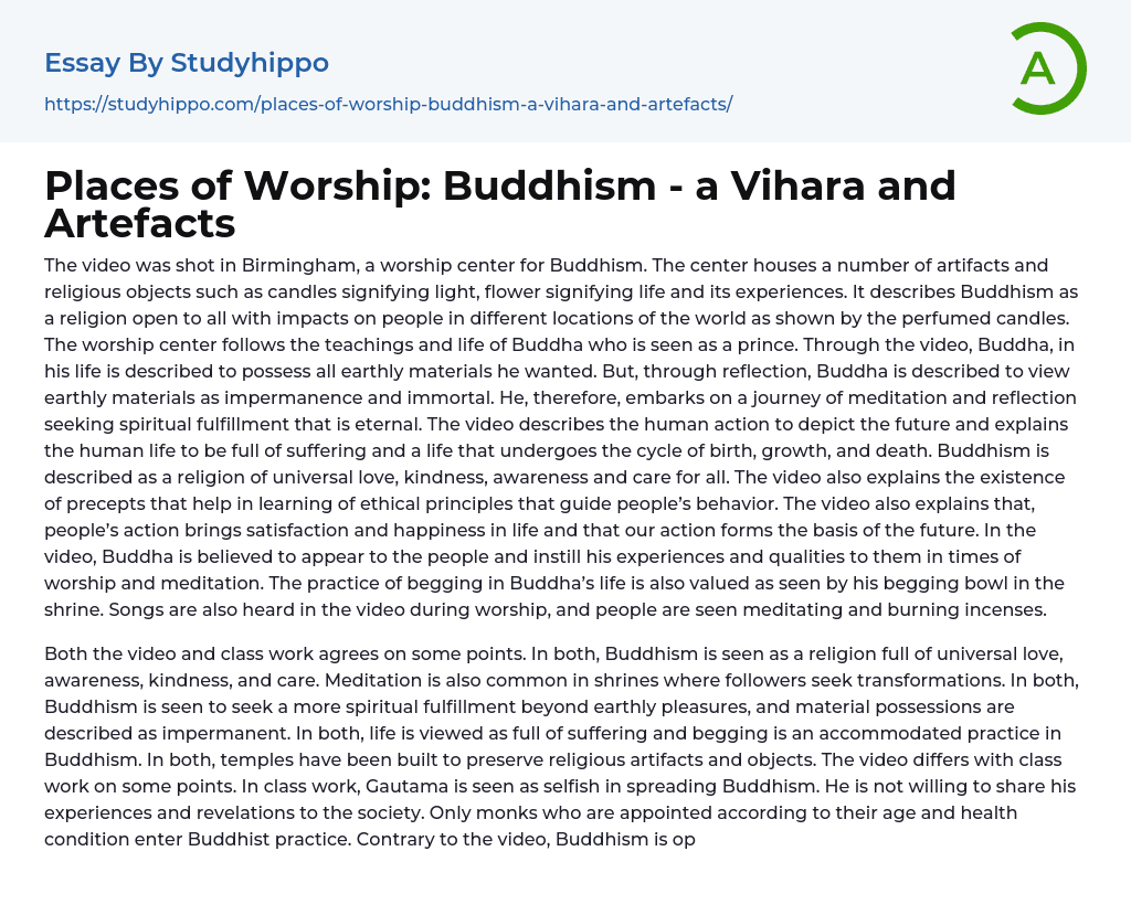 Places of Worship: Buddhism – a Vihara and Artefacts Essay Example