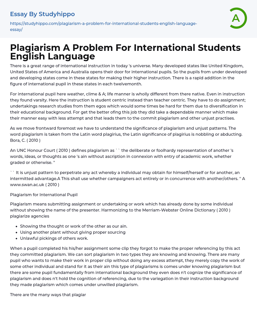 Plagiarism A Problem For International Students English Language Essay Example