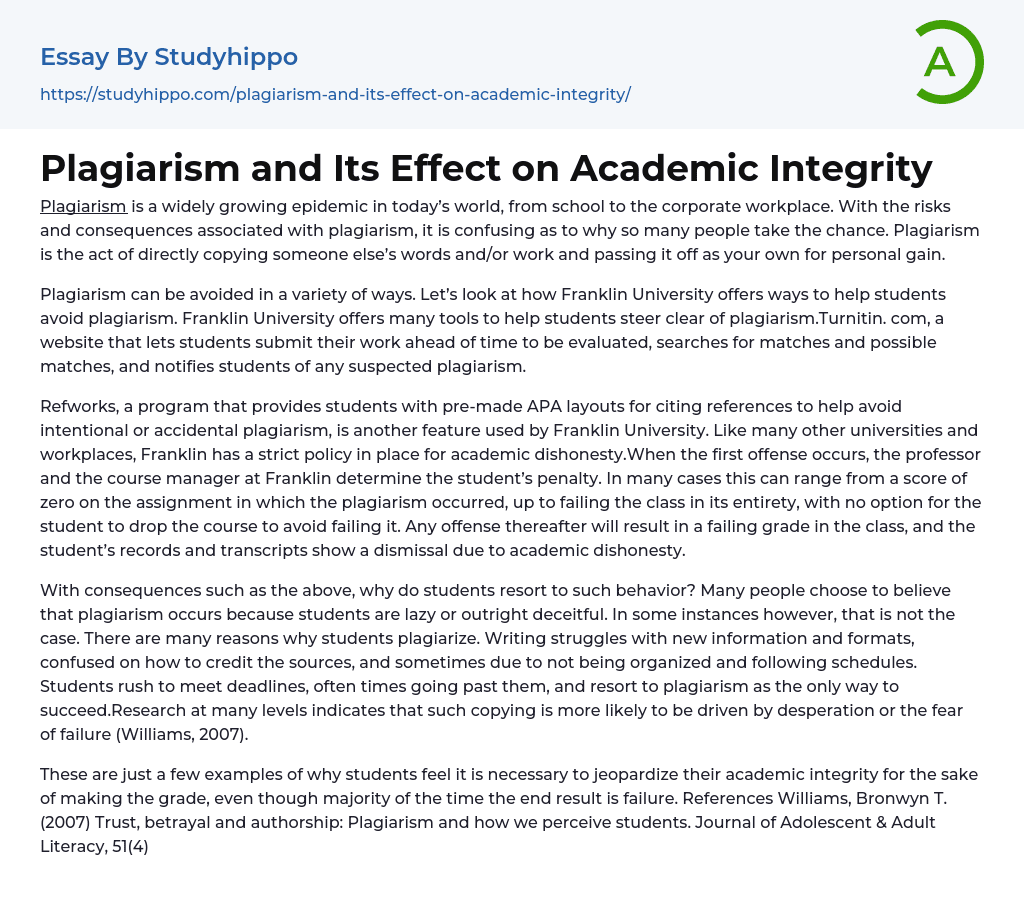 Plagiarism and Its Effect on Academic Integrity Essay Example