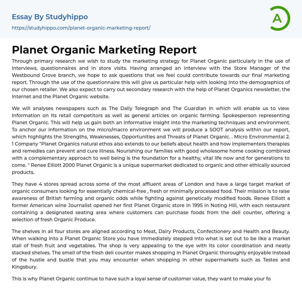 Planet Organic Marketing Report Essay Example