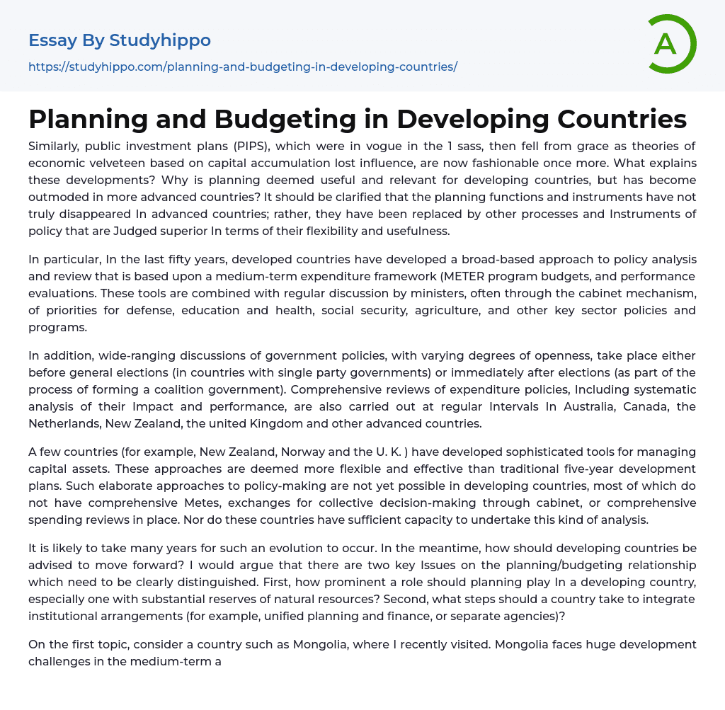 Planning and Budgeting in Developing Countries Essay Example