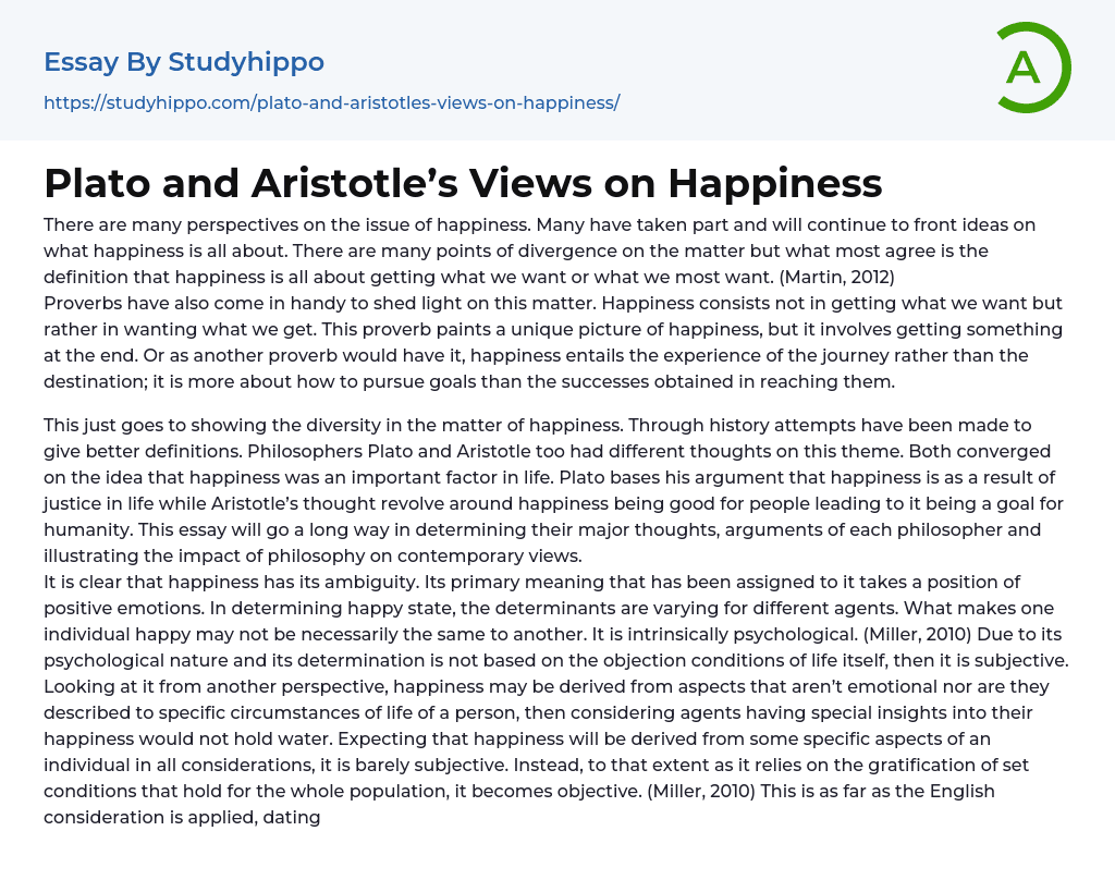 Plato and Aristotle’s Views on Happiness Essay Example