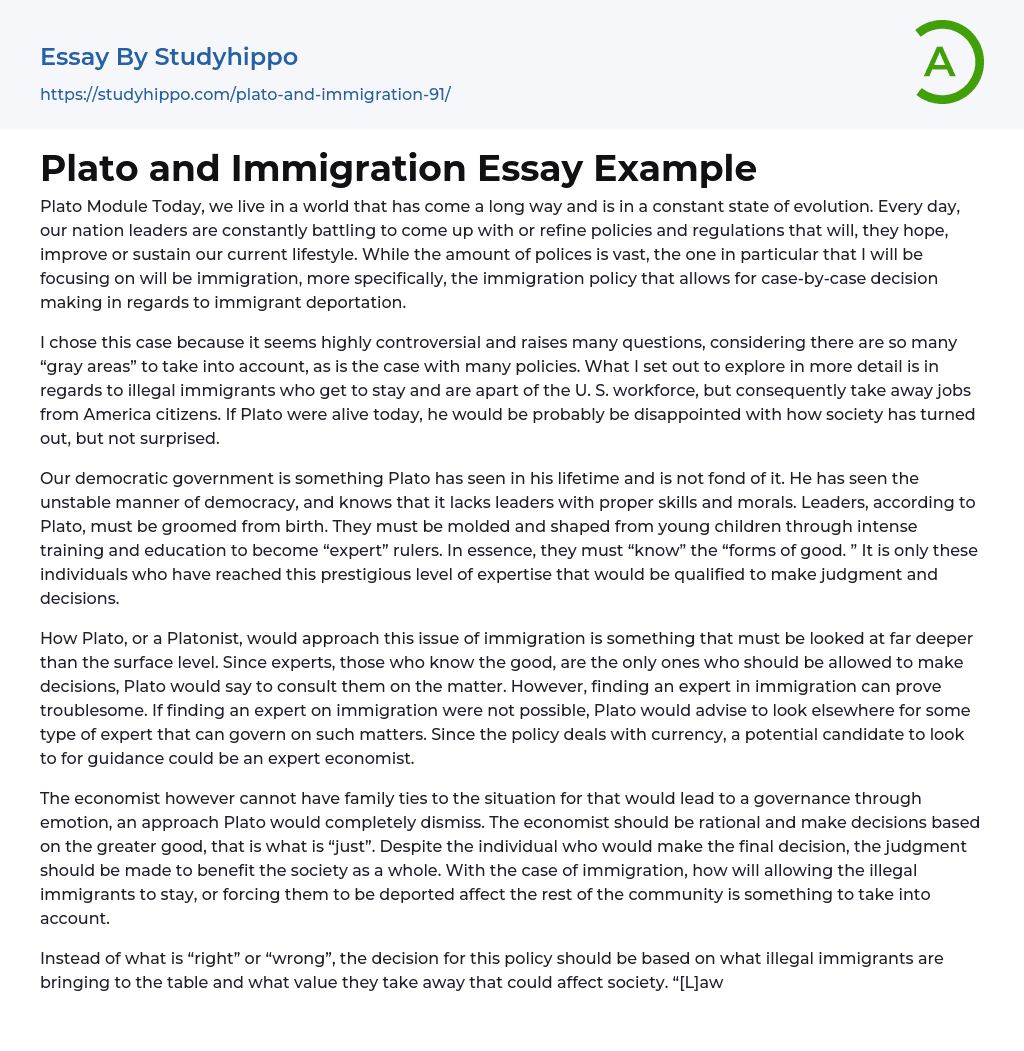 Plato and Immigration Essay Example