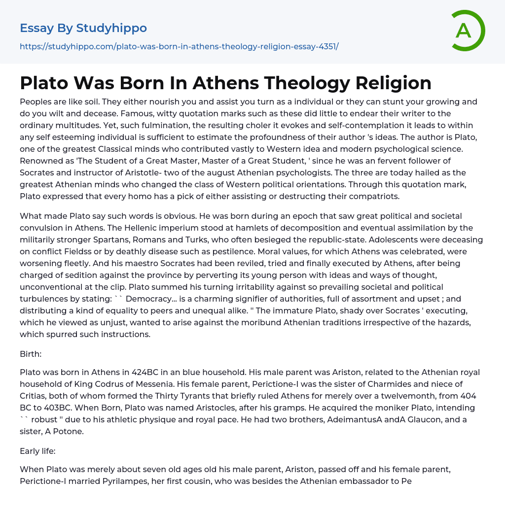 Plato Was Born In Athens Theology Religion Essay Example