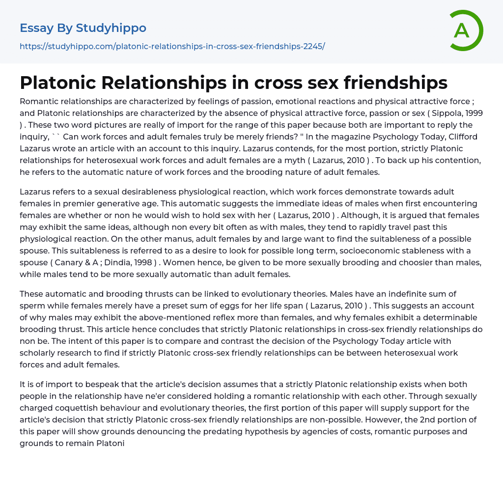 Platonic Relationships in cross sex friendships Essay Example