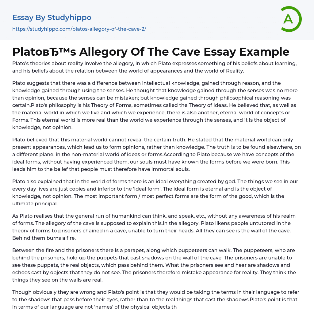 Plato’s Allegory Of The Cave Essay Example