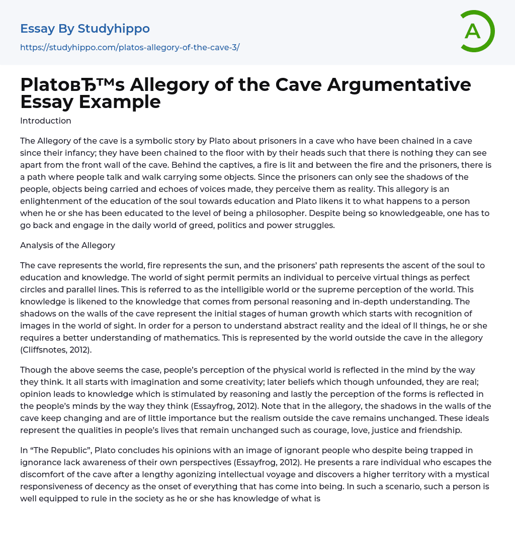 Plato’s Allegory of the Cave Argumentative Essay Example