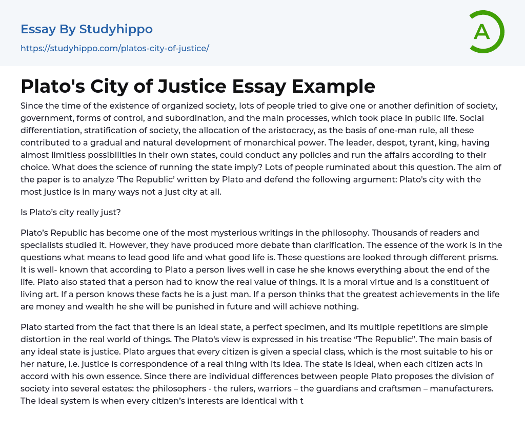 Plato’s City of Justice Essay Example