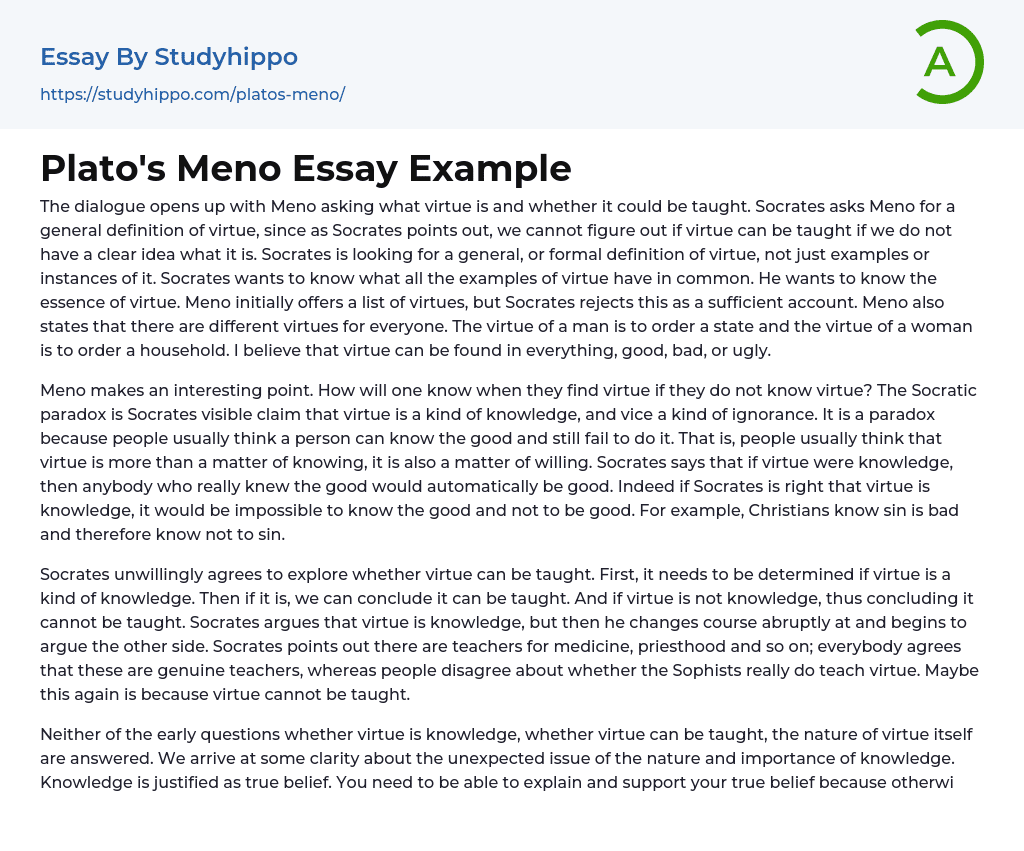 Plato’s Meno Essay Example
