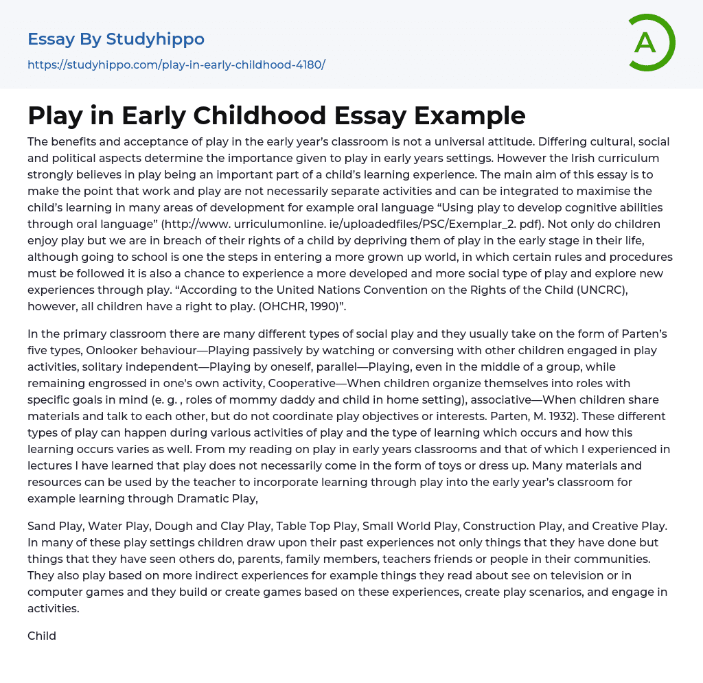 Play in Early Childhood Essay Example