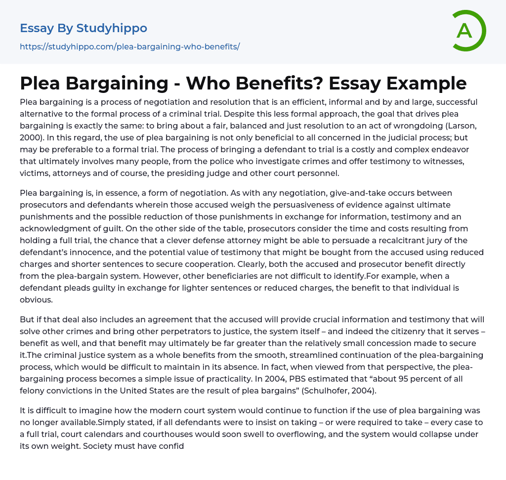Plea Bargaining – Who Benefits? Essay Example