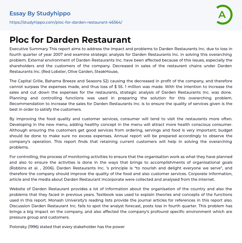 Ploc for Darden Restaurant Essay Example