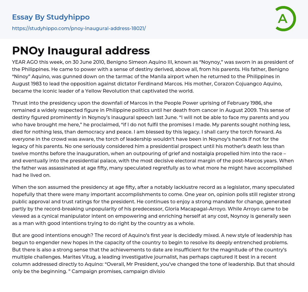 PNOy Inaugural address Essay Example