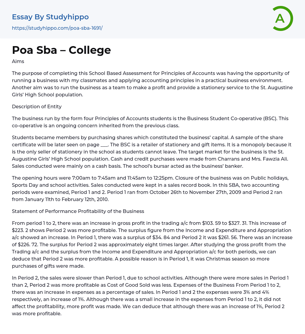 Poa Sba – College Essay Example