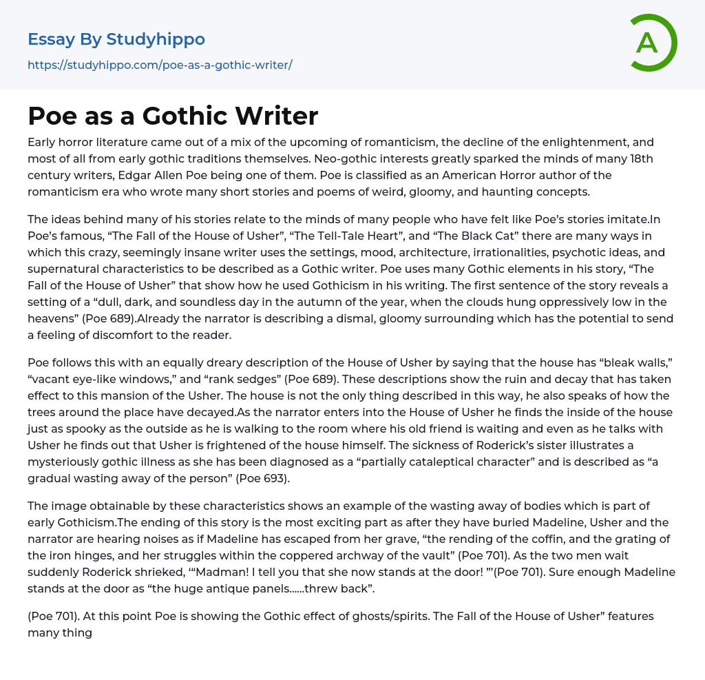 Poe as a Gothic Writer Essay Example
